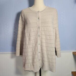 CJ Banks 1X Beige Crewneck Quarter Sleeve Clear Gem Button Up Knit Cardigan